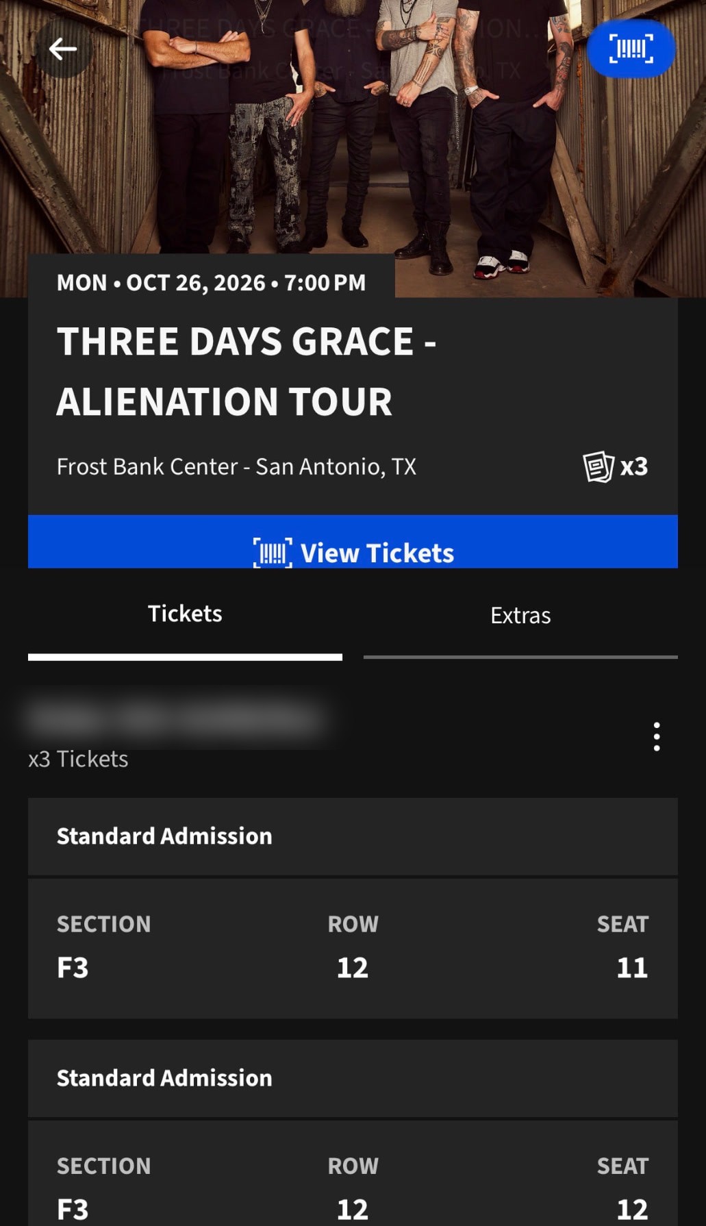 Ticket order showing Section F3, Row 12, Seats 11, 12, and 13 for Three Days Grace, Alienation Tour, at Frost Bank Center
